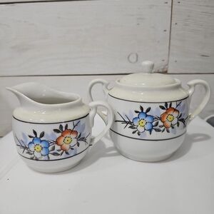 VINTAGE Japan Floral Porcelain Creamer & Covered Sugar Bowl Set Blue Orange